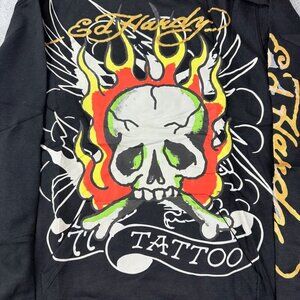 Ed Hardy NWT Men's Sz Small Flaming Skull Graphic Tattoo Fleece Pullover Hoodie